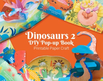 Dinosaurs DIY pop-up book for children to make at home, printable template, cute dinosaurs, fun family activity