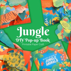 Dschungel Pop-Up Buch Kit, 3D Papierbastel für Kinder, druckbare Aktivität für Kinder, Lernprojekt zum Erlernen von Dschungeltieren