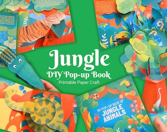 Jungle pop-up book kit, diy 3d paper craft for kids, actividad imprimible para niños, proyecto educativo para aprender animales de la selva