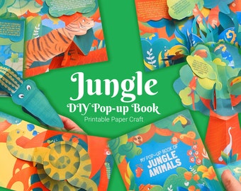 May include: A colorful pop-up book with the title "Jungle DIY Pop-up Book Printable Paper Craft" and a smaller title "My Pop-up Book of Jungle Animals". The book features pop-up illustrations of jungle animals, including a tiger, a toucan, a snake, a crocodile, and a heron.