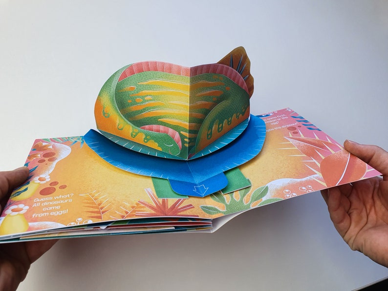 May include: A colorful pop-up book with a dinosaur theme. The open pages reveal a 3D dinosaur figure in shades of green, orange, and yellow. Text on the page reads, "Guess what? All dinosaurs come from eggs!"