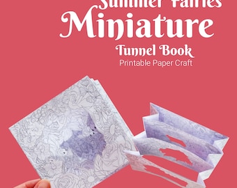 May include: A printable paper craft tunnel book featuring a summer fairy scene. The book is open to reveal a detailed illustration of a fairy with flowers and butterflies. The text "Summer Fairies Miniature Tunnel Book Printable Paper Craft" is at the top of the image. The text "Smaller size miniature: 7 cm Larger size miniature: 9.5 cm" is at the bottom of the image.
