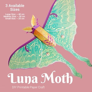 Modèle de téléchargement numérique d'artisanat en papier DIY Luna Moth, kit de création de papillons de nuit 3D, papillon de nuit géant, créations en papier pour enfants et adultes, modèle imprimable