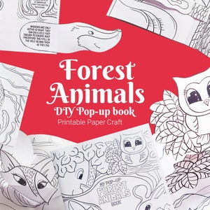 Kit per la creazione di libri pop-up da colorare in 3D con animali del bosco per bambini, modello stampabile per attività di taglio e piegatura
