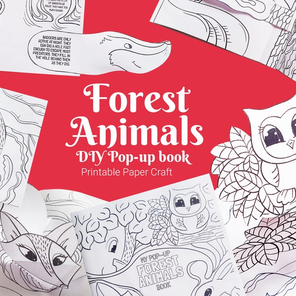 Kit de création de livre pop-up à colorier 3D Animaux de la forêt pour enfants, modèle imprimable pour activité de découpe et de pliage