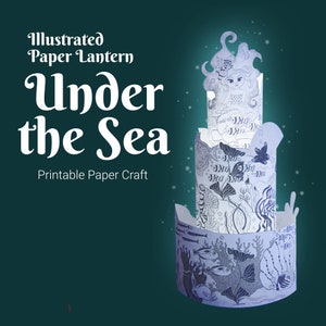 Lanterne en papier à monter soi-même : sous la mer avec une sirène et des créatures sous-marines, lanterne en papier illustrée en noir et blanc, modèle imprimable