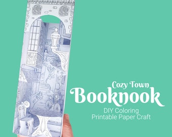 Printable coloring book nook, cozy town book nook, DIY quiet town diorama with 3d elements, paper crafting activity, crafting kit