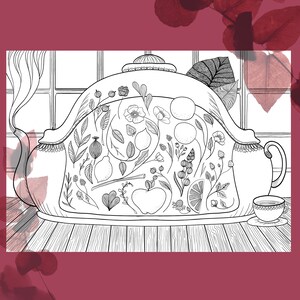 May include: A black and white line drawing of a teapot with a floral design. The teapot is filled with fruit and flowers. The teapot is sitting on a wooden surface.