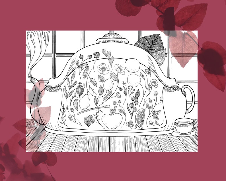 May include: A black and white line drawing of a teapot with a floral design. The teapot is filled with fruit and flowers. The teapot is sitting on a wooden surface.