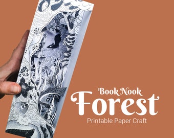 Forest creatures paper book nook kit, paper crafting idea for bookshelf decor, printable template