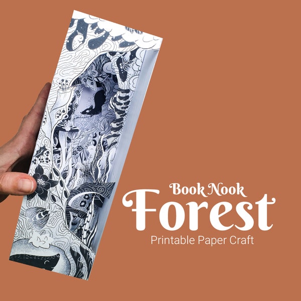 Forest creatures paper book nook kit, paper crafting idea for bookshelf decor, printable template