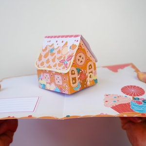 Tarjeta desplegable de bricolaje con forma de casa de jengibre, tarjeta desplegable navideña 3D para hacer en casa, papelería imprimible para hacer en casa, manualidades de invierno, hecha a mano
