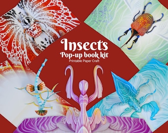May include: An Insects Pop-up book kit Printable Paper Craft featuring five distinct paper insect designs. The collection includes a red and white patterned beetle, a golden beetle, a blue aquatic insect, a pink mantis, and a colourful winged creature.