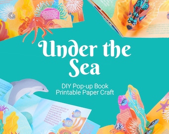 May include: A colorful DIY pop-up book titled "Under the Sea" with illustrations of marine life. The open pages reveal pop-up sea creatures, including an octopus, fish, and a dolphin, set against a turquoise background.