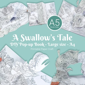 Swallow coloring pop-up book kit, larger size, kindness book paper craft activity, 3d book, printable template, digital download