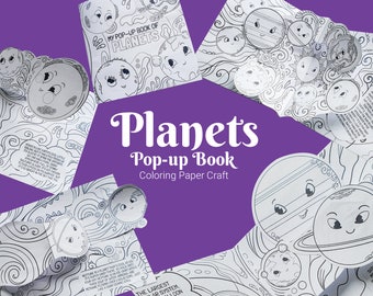 Planets coloring pop-up book activity for kids, paper crafting for children, color and make your own pop up book about the solar system