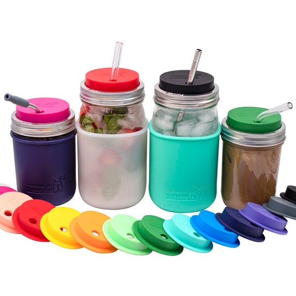 2 PACK Mason Jar Tumbler Lids | Mason Jar Straw Hole Lids | Regular or Wide Mouth | Mint, Gray, Blue, Yellow, Frost, Violet