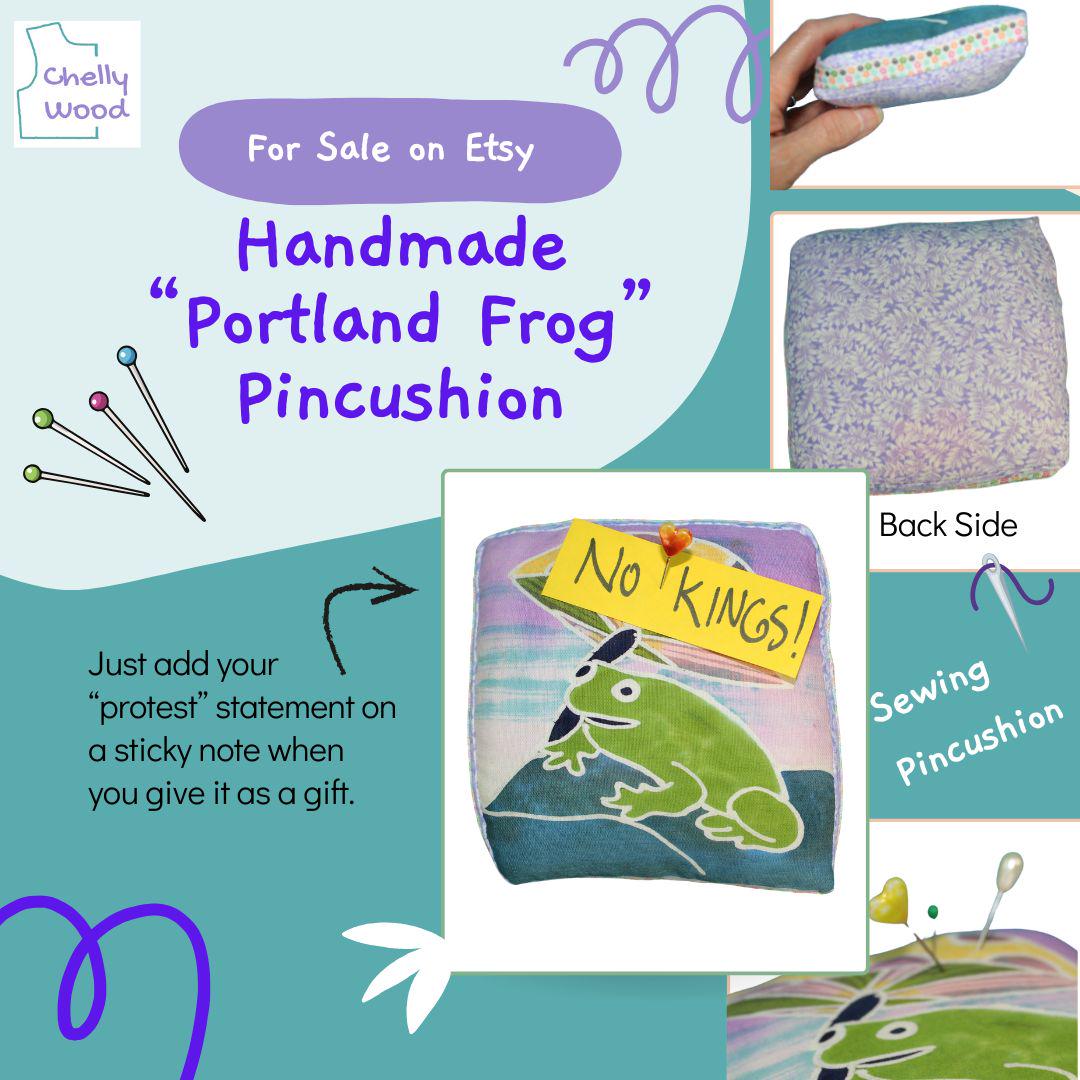 Handmade Portland Frog Sewing Pincushion with Protest Toadstool (Add Your Own Political Message)