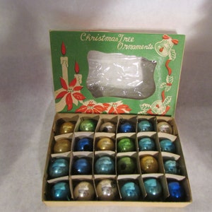 24 mini colored Christmas ornaments silver, blue, gold Japan