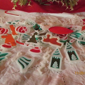 63 Vintage Plastic Christmas Ornaments Stained Glass Effect with Colored Cards