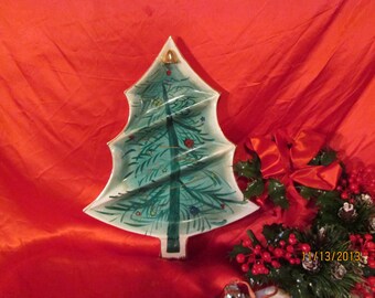 Vintage Christmas Tree Dish with Bell Silver & Blue Seal On Back 14"