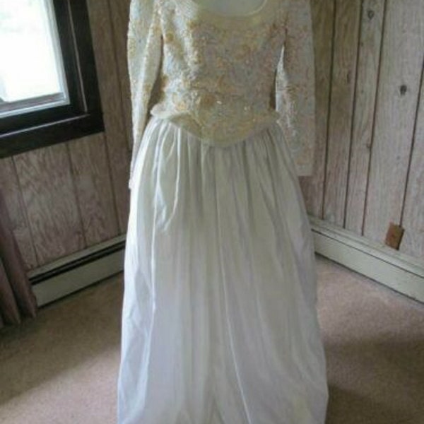 Vintage Oleg Cassini Black Tie Beaded White Wedding Gown Size 4