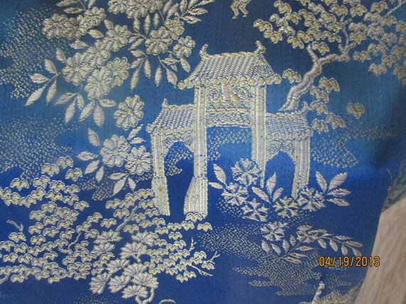 Vintage Ladies Asian Satin Dress Brocade Asian Cheongsam Pinup Blue & Silver Flowers Tea House View 4