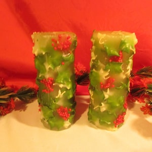 2 Vintage Holly & Berries Christmas Pillar Candles 7 1/2&quot; Center Burning