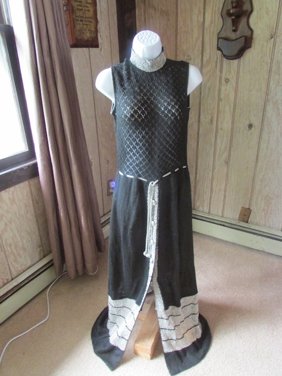 1970's Black Knit Evening Gown Silver and Black