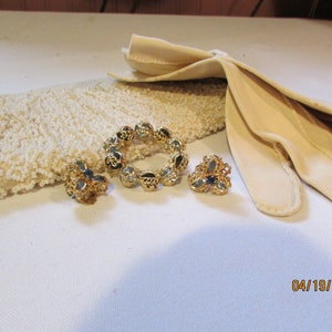 Vintage Pin and Earring Jewelry Set Gold Tone & Blue Rhinestones Mothers Day