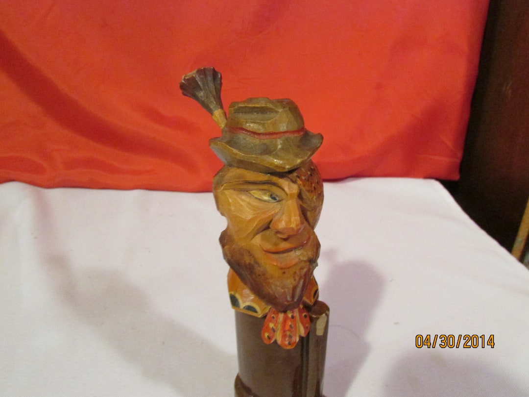 Vintage Bobble Head Cork Top Carved Wood Man With Eye Patch & Hat Wine