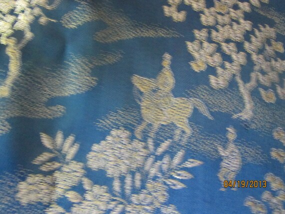 Vintage Ladies Asian Satin Dress Brocade Asian Cheongsam Pinup Blue & Silver Flowers Tea House View 5