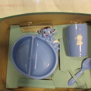 Vintage Plastic Baby Dinner Set Bowl Cup Spoon Blue Unused
