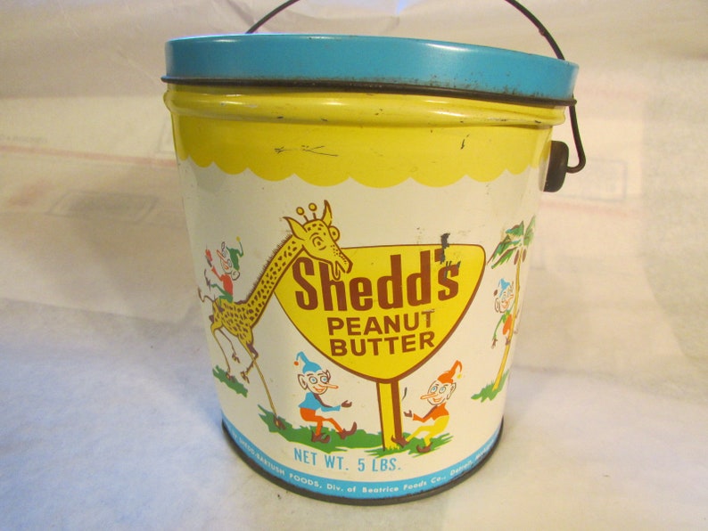1950's Shedd's Peanut Butter 5 Lb Tin Bucket Fantastic Graphics Craft