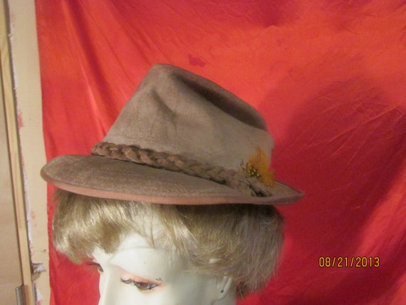 Vintage Suede Mens Hat with Braid & Feather Size S - image 1
