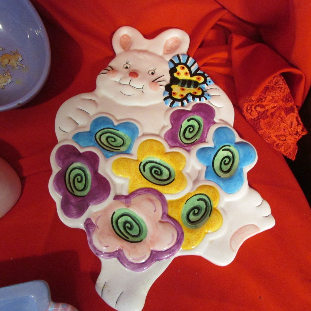 Vintage Ceramic Easter Egg Plate 7 Egg Holder Bunnies Flowers Platter Etsy