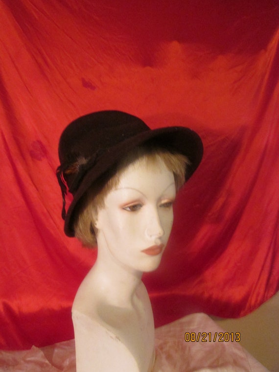 Vintage Ladies Brown Wool Hat with Feather Lancast