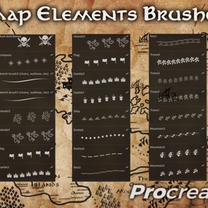 May include: A digital art graphic featuring map elements brushes for Procreate. The image displays various icons like flags, castles, ships, and mountains, along with text that reads "Map Elements Brushes". The background is a parchment-style map.