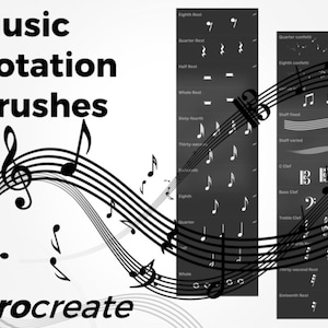 May include: A digital art graphic featuring music notation brushes for the Procreate app. The image displays musical notes, clef symbols, and staff lines in black and white. Text includes "Music notation Brushes" and "procreate".