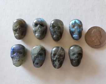Puede incluir: Una colección de nueve calaveras de cristal de labradorita talladas en varios tonos de gris y azul. Las calaveras son pequeñas, con rasgos faciales detallados. Se incluye una moneda para comparar el tamaño.