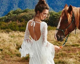 Bohemian wedding dress, Beach Lace wedding dress, backless bell sleeves boho wedding dress, Vintage white Chantilly lace wedding dress
