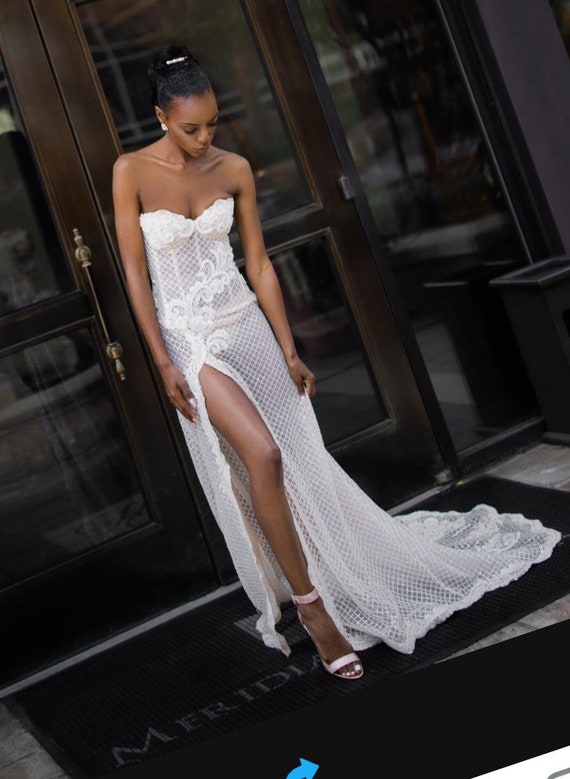 Sexy Corset Wedding Dress, White Nude See Through Sparkly Wedding Gown,  Open Leg, Laced Corset Top A-line Bridal Couture Designers Gown -   Canada