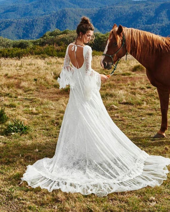 Robe De Mariée Bohème Robe De Mariée Dentelle Plage Bell Dos Nu Manches Boho Robe De Mariée Robe De Mariée Dentelle Chantilly Blanc Vintage