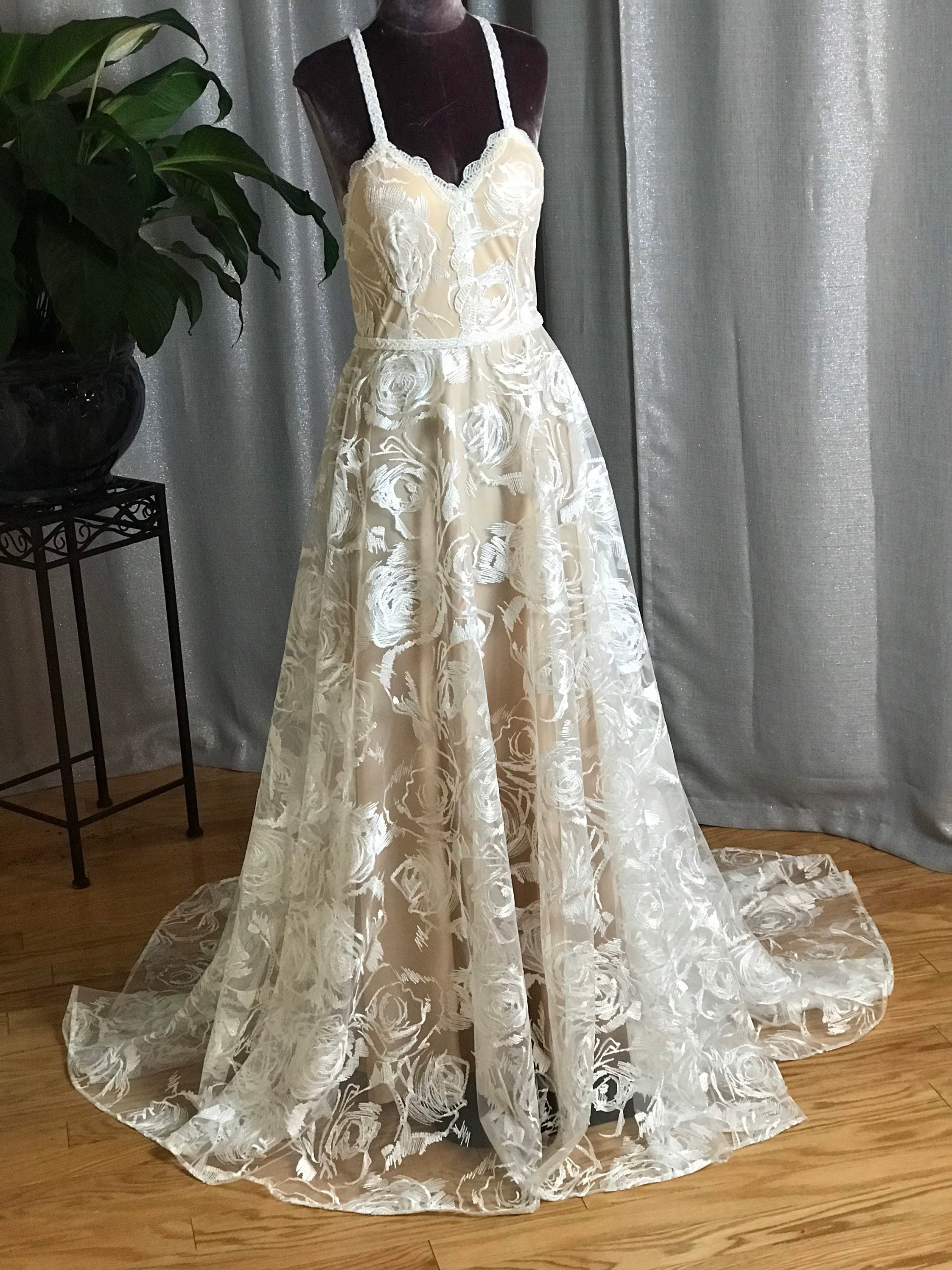 Boho Beach Wedding Dress, Beaded Spaghetti Straps Roses Lace Open Back Wedding  Dress Size 0-2 