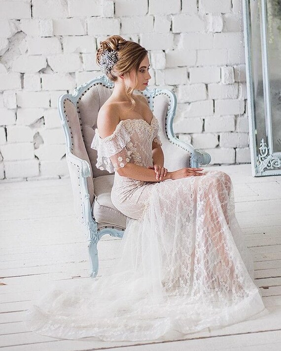 bohemian lace off the shoulder wedding dress
