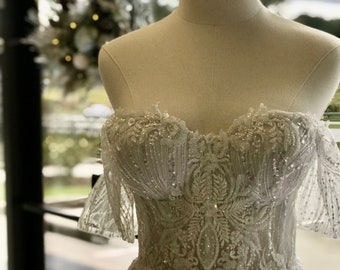 White A-line sparkly wedding dress, laced corset top, off the shoulders sleeves Size M, cup size C