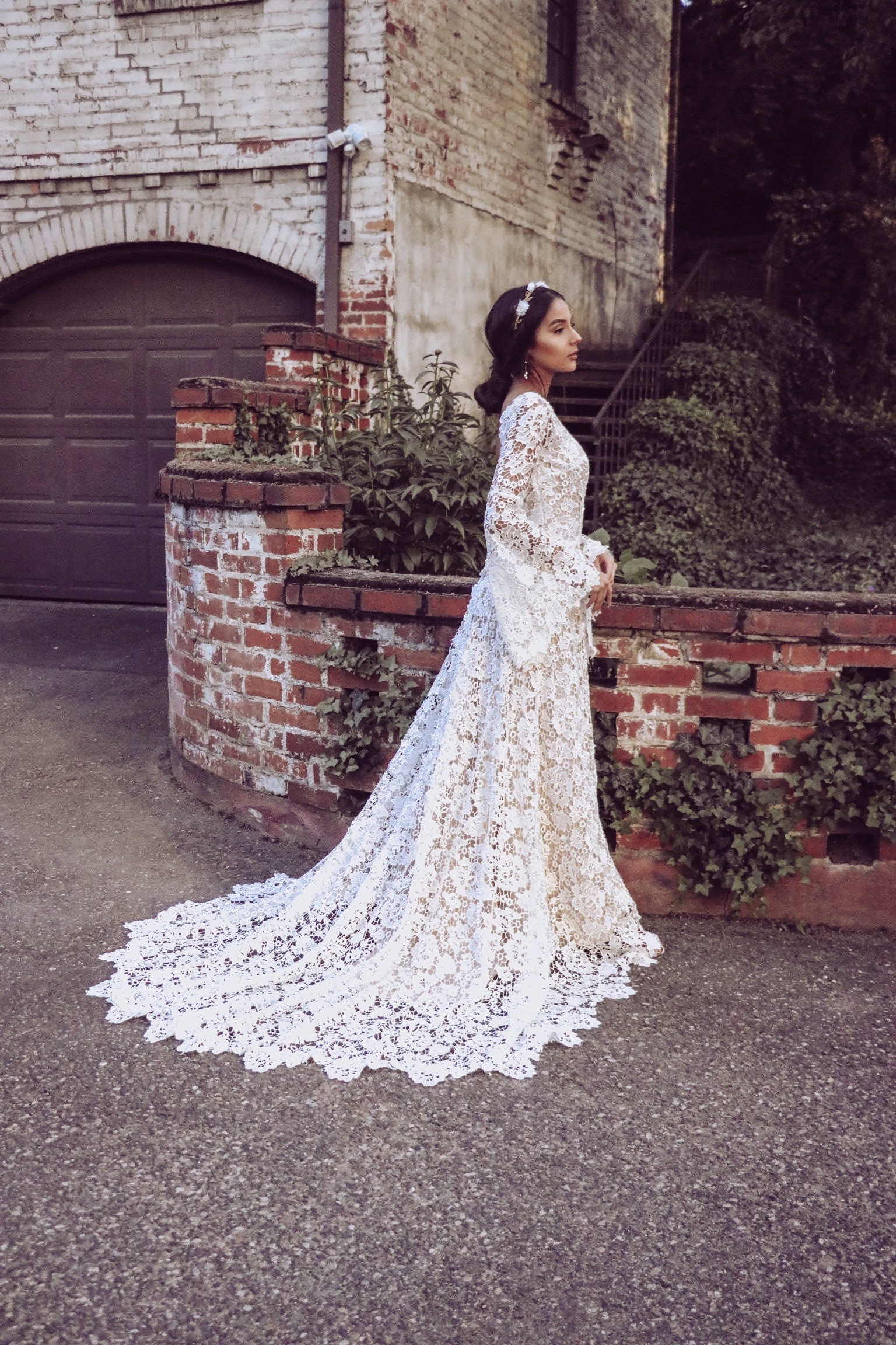 Deep V-neck Long Sleeves White Lace Wedding Dress with Split