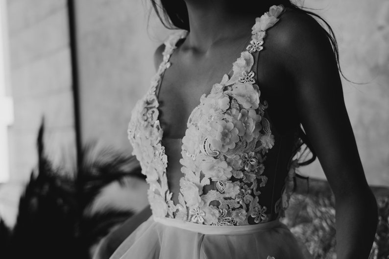 ONLY ONE Blush wedding dress, backless beach wedding dress sexy beige pink wedding gown, fluffy skirt 3d flowers lace romantic wedding dress image 7