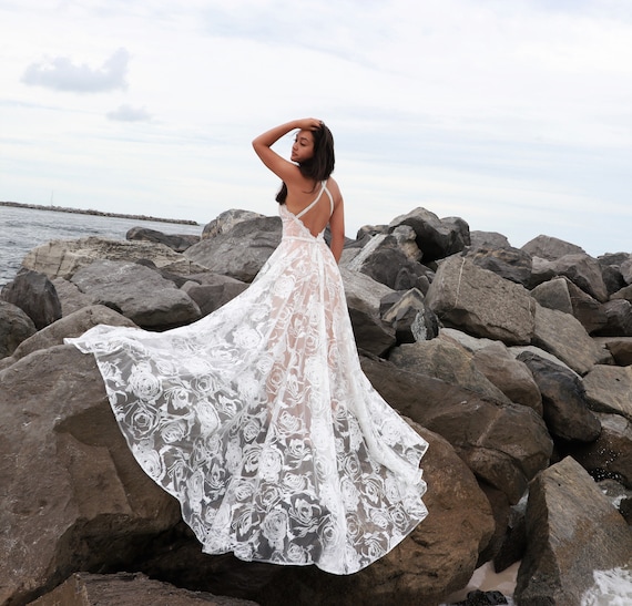 Boho Beach Wedding Dress, Beaded Spaghetti Straps Roses Lace Open