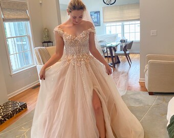 Princess Wedding A-line  gown, pearls, blush pink nude ivory beads, sequins, see through corset cup sleeves, glitter tulle skirt